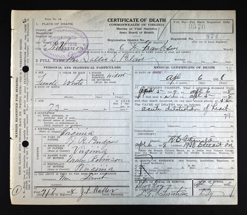 Sally Bridges Blair Death Certificate